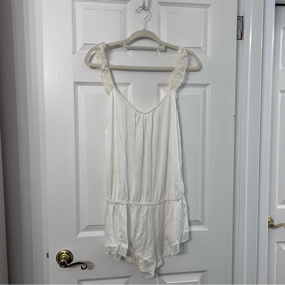 Eberjey White Lace Trim Romper Pajamas, XL